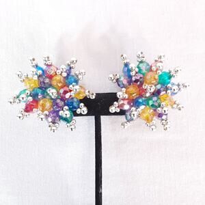 Jumbo Atomic Button Earrings Multicolor Lucite Gold Tone Beads
weight 0.5 ounces